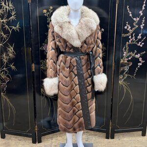 Gorgeous Vintage Boho 1970s Belted Mink and Leather Trim Coat With Fox Fur Trim